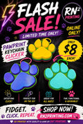 Flash sale for 3D printed paw print clicker keychains, colorful sensory fidget toys with satisfying click action, only $8 each from RN2 Printing.