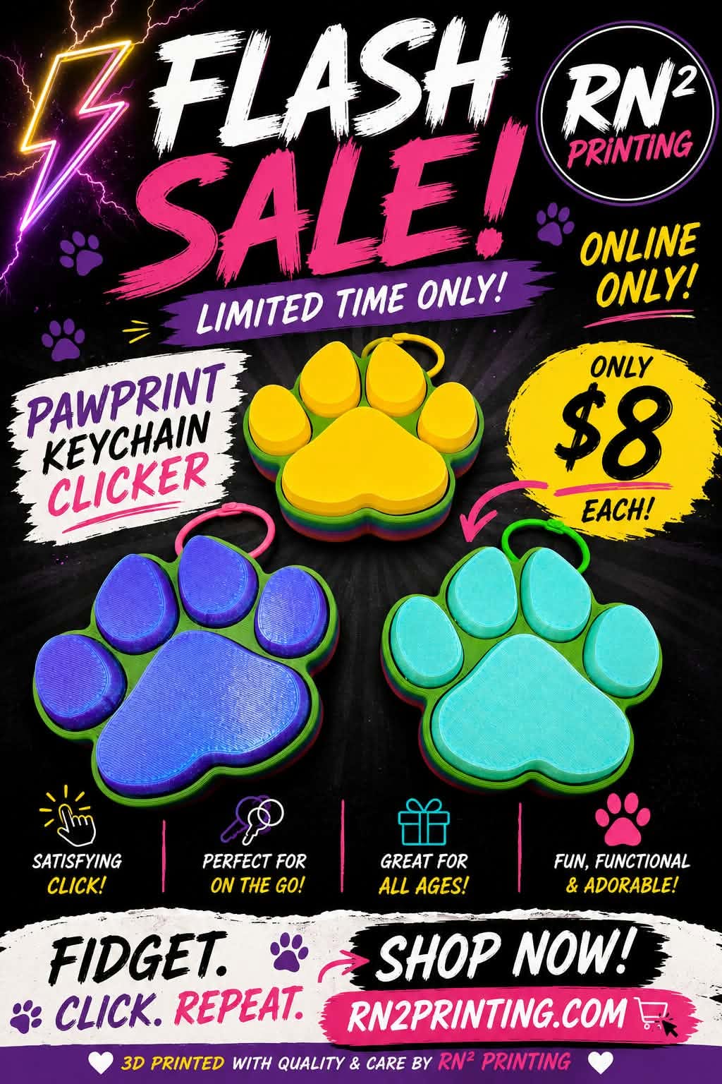 Flash sale for 3D printed paw print clicker keychains, colorful sensory fidget toys with satisfying click action, only $8 each from RN2 Printing.