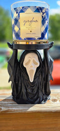 3D-printed robed phantom candle holder with pale screaming mask, horror movie inspired 3-wick candle stand