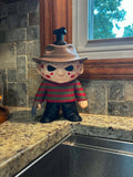 3D-printed clawed glove horror figure soap holder, striped sweater slasher villain bathroom soap dish