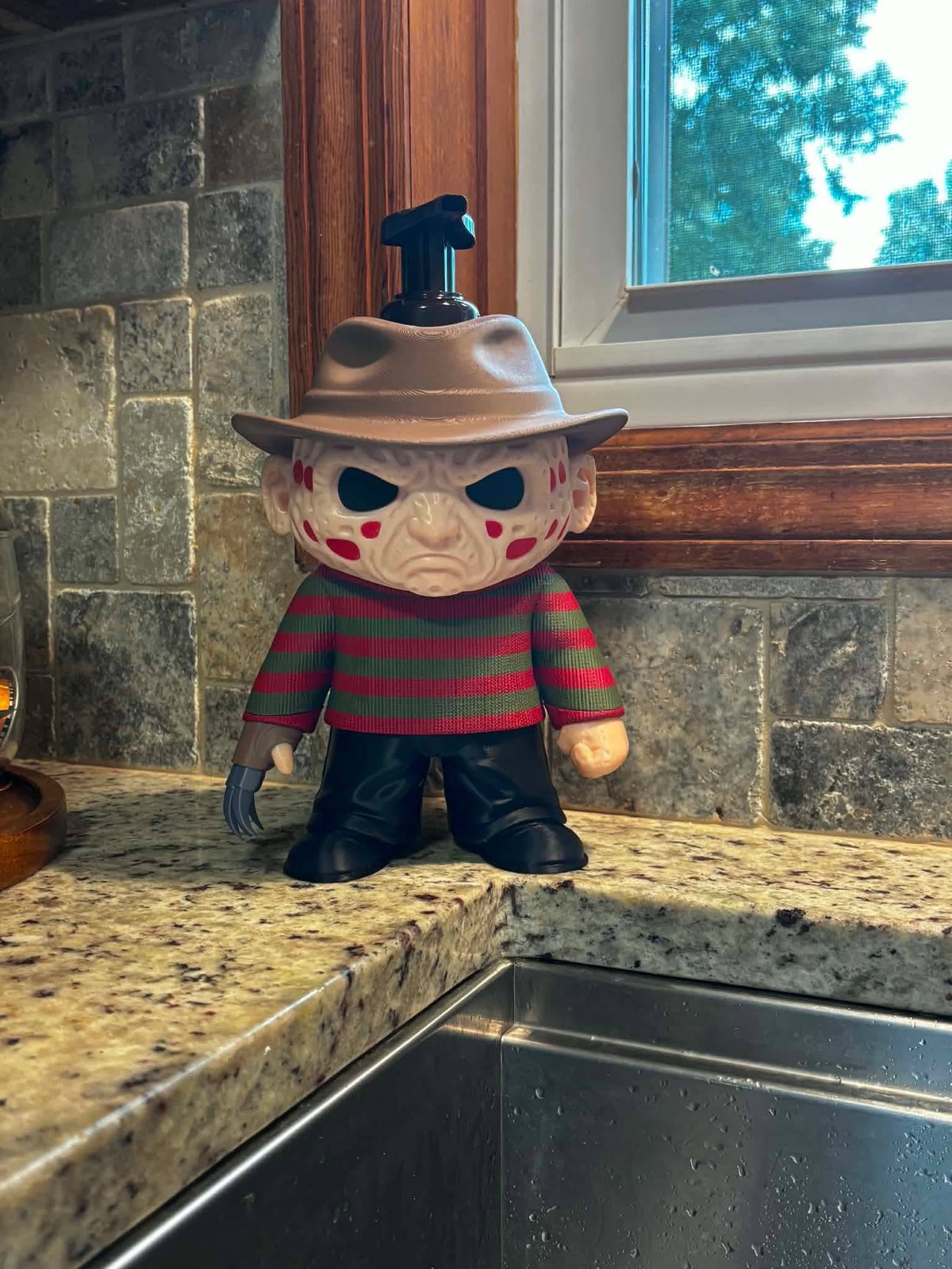 3D-printed clawed glove horror figure soap holder, striped sweater slasher villain bathroom soap dish